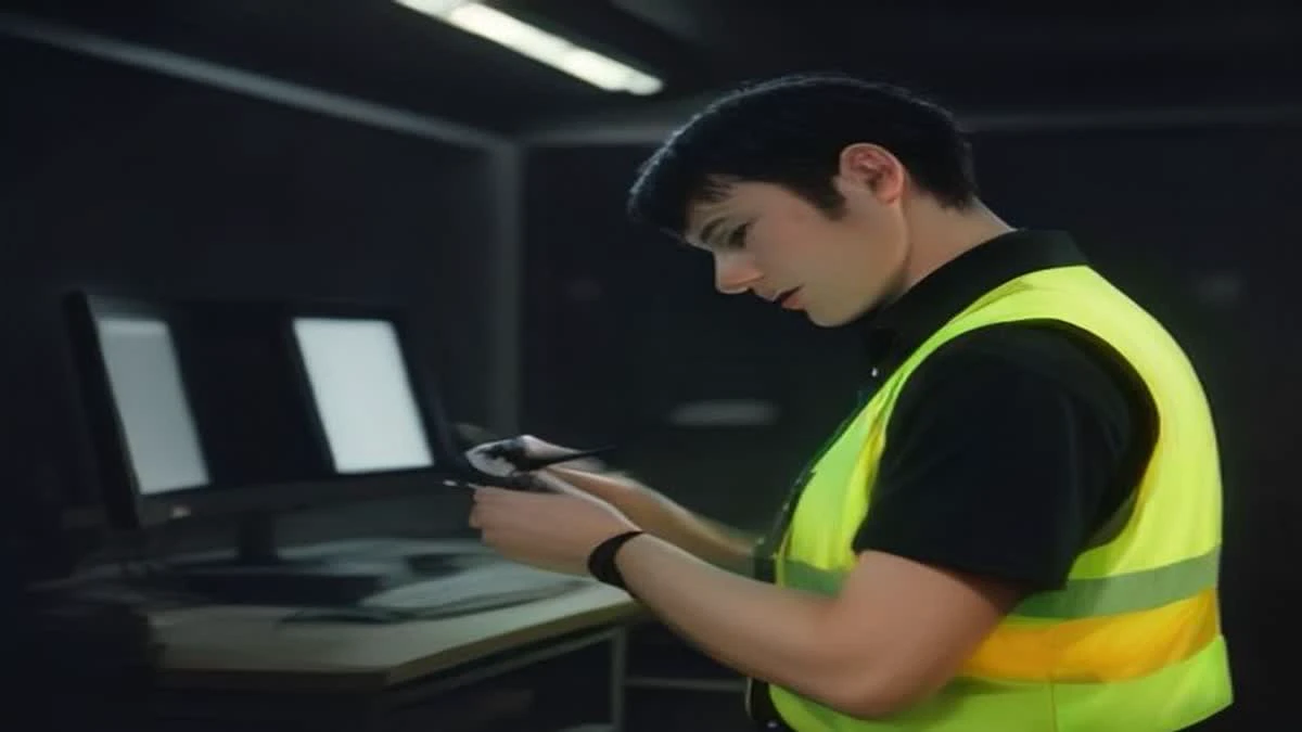 A technician in a hi-vis vest checking a rack with a thermal camera in flat diffuse light