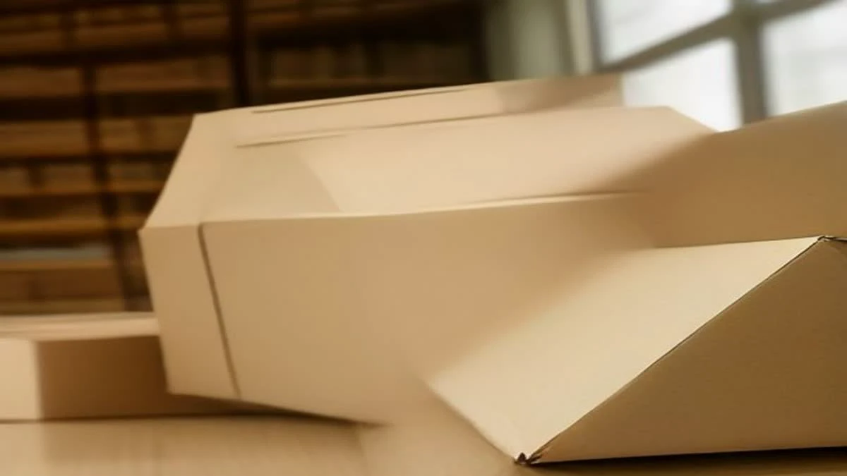 Illustration: shallow depth of field close-up of a courier scanning a parcel at a bright logistics counter